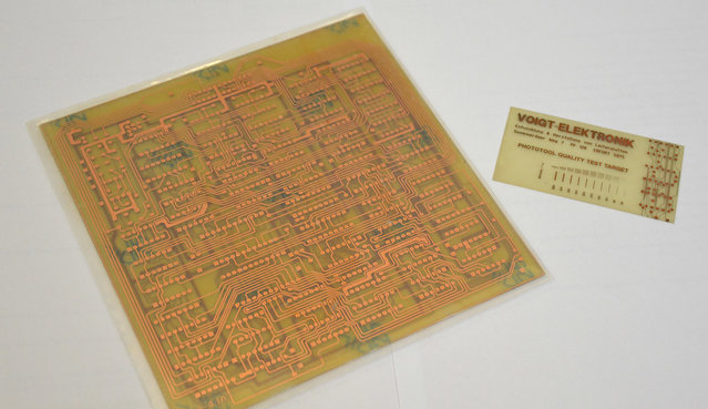 The first PCB manufactured by Voigt - matching: the business card made of printed circuit board material The first PCB manufactured by Voigt - matching: the business card made of printed circuit board material
