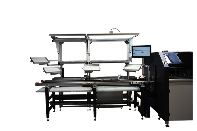 Double assembly system integrated to Kurtz Ersa Automation goods carrier circulation system; integrated vision-based worker assistance system combined with goods carrier release on IO inspection result