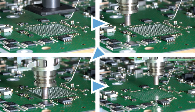 Lifting a BGA - start and progress of solder extraction until complete removal (from top left to bottom right) Lifting a BGA - start and progress of solder extraction until complete removal (from top left to bottom right)