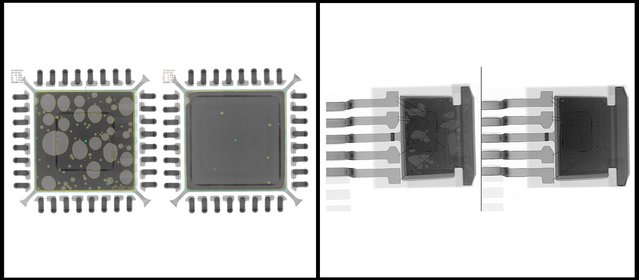 Proof of the efficiency of the EXOS vacuum module during reflow soldering: depending on the solder paste used, voids can be reduced by up to 99%. Left picture shows the soldering result without, right with vacuum module Proof of the efficiency of the EXOS vacuum module during reflow soldering: depending on the solder paste used, voids can be reduced by up to 99%. Left picture shows the soldering result without, right with vacuum module