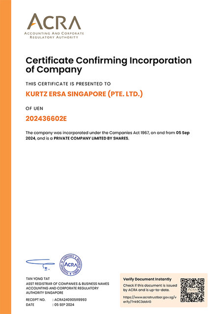 Digital certificate of incorporation of the new company Kurtz Ersa Singapore 