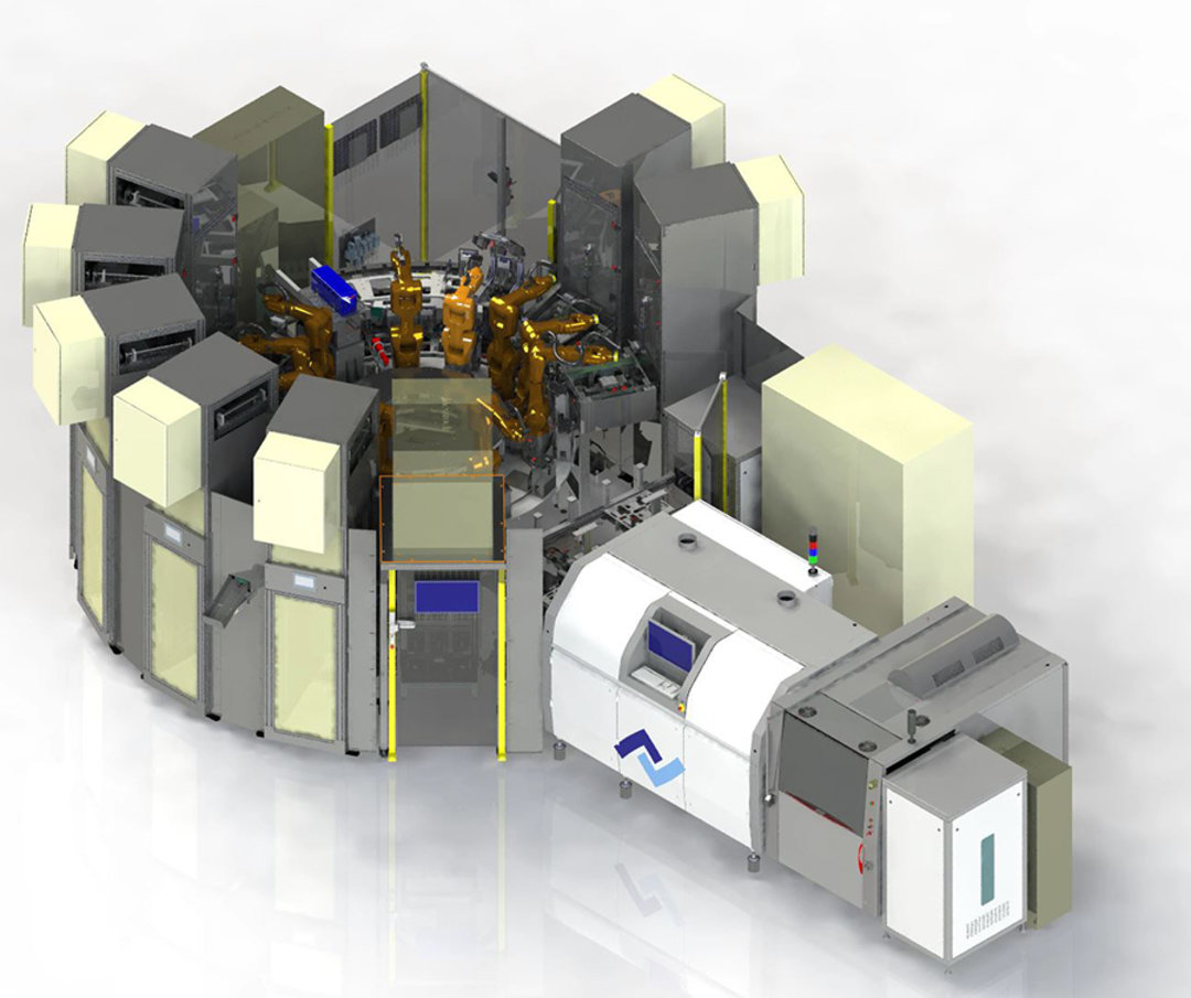 6x palletizing technology for single part supply without interruption of production, process flow via rotary indexing table, 11x six-axis robots for assembly and transport tasks, camera-based quality control, selective soldering technology, X-ray inspecti 6x palletizing technology for single part supply without interruption of production, process flow via rotary indexing table, 11x six-axis robots for assembly and transport tasks, camera-based quality control, selective soldering technology, X-ray inspecti
