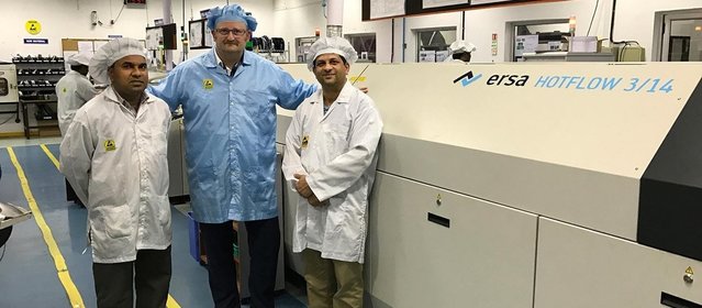 Satisfied with the decision to use the Ersa reflow oven: Titan employees Dattaprasad Patil and Shireesh Phal with Ersa Area Sales Manager Christian Ott (center)