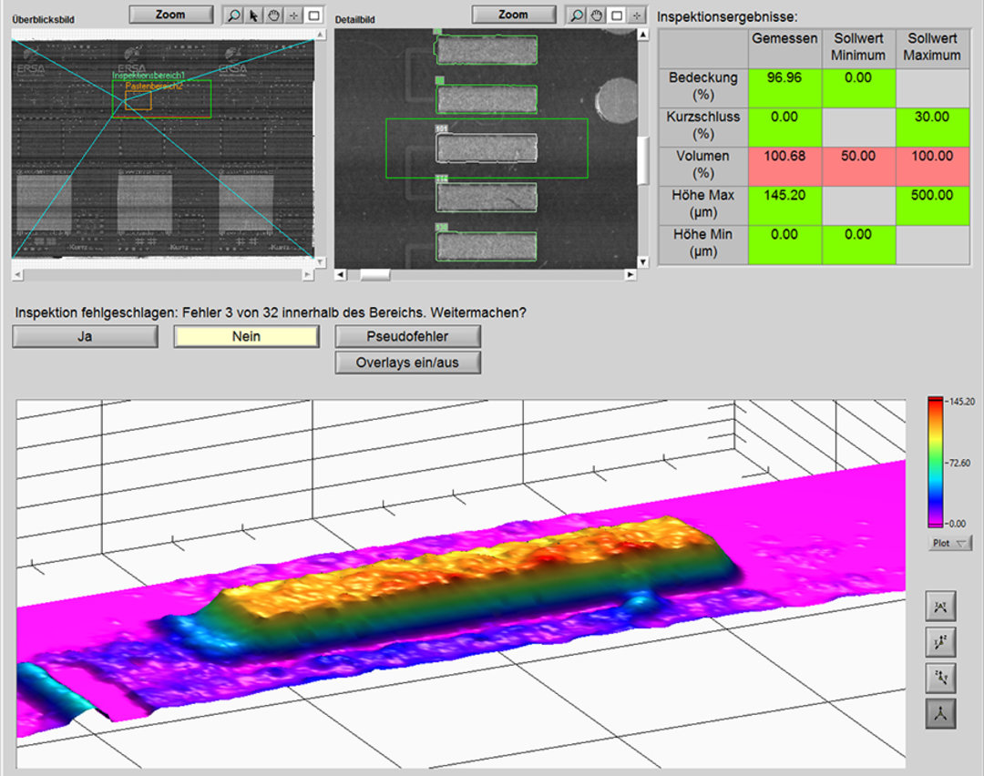 Inspection result: Display of the position in the layout, 2D and 3D image plus result of the measurement with nominal and actual values