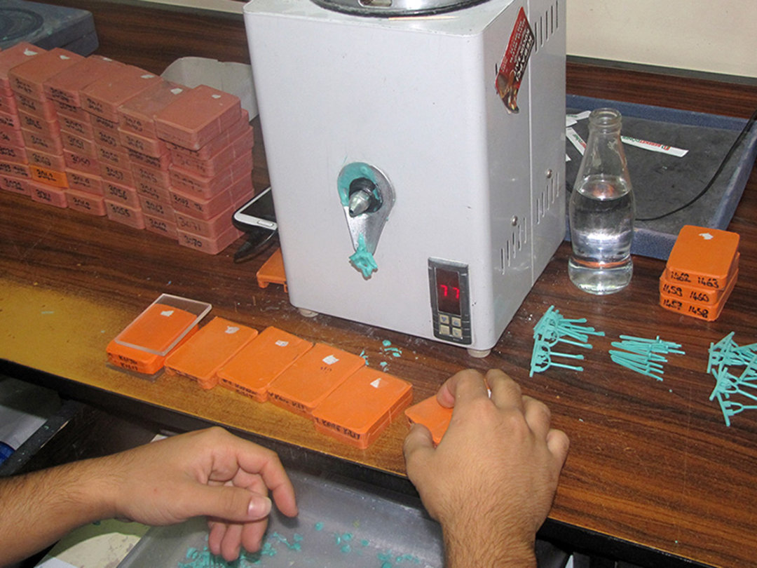 The blanks are injected into a rubber mould with melted wax