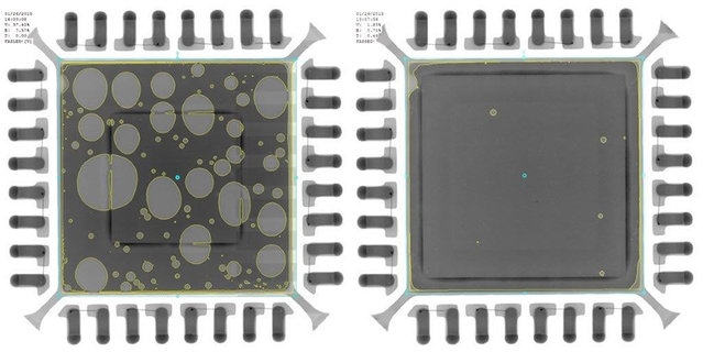 X-ray images show the differences: The right QFN component, soldered with the VOIDLESS feature activated, shows almost no voids. On the image on the left – processed without the VOIDLESS feature – a large number of voids are clearly visible X-ray images show the differences: The right QFN component, soldered with the VOIDLESS feature activated, shows almost no voids. On the image on the left – processed without the VOIDLESS feature – a large number of voids are clearly visible