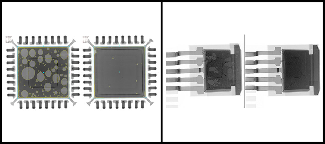 Proof of the efficiency of the EXOS vacuum module in reflow soldering: depending on the solder paste used, voids can be reduced by up to 99%. Left in the picture the soldering result without, right with vacuum module