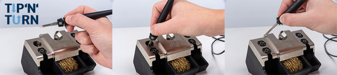 The patented Tip´n´Turn concept enables tip change in record time. Safe changing of the soldering tip in the blink of an eye - using the deposit stand or by hand. Convincing: the significantly cooler handpiece of the i-TOOL TRACE, whether for short operat