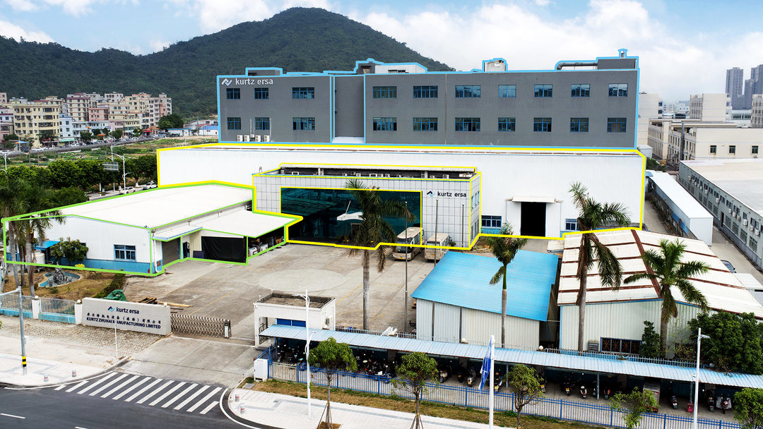 Green outline: Ersa production facility, 2013; yellow outline: Kurtz production facility, 2003–04; blue outline: expansion of the Ersa production facility, 2019 Green outline: Ersa production facility, 2013; yellow outline: Kurtz production facility, 2003–04; blue outline: expansion of the Ersa production facility, 2019