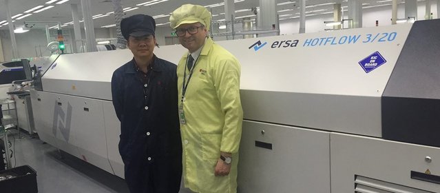 Manufacturing Director Avis Zhang, who is impressed by the temperature stability and lower N2 consumption of the Ersa Hotflow, with Ersa General Sales Manager Rainer Krauss Manufacturing Director Avis Zhang, who is impressed by the temperature stability and lower N2 consumption of the Ersa Hotflow, with Ersa General Sales Manager Rainer Krauss