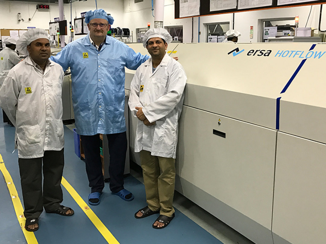 Satisfied with their decision to invest in the Ersa reflow oven: Titan employees Dattaprasad Patil and Shireesh Phal with Ersa Area Sales Manager Christian Ott (centre)