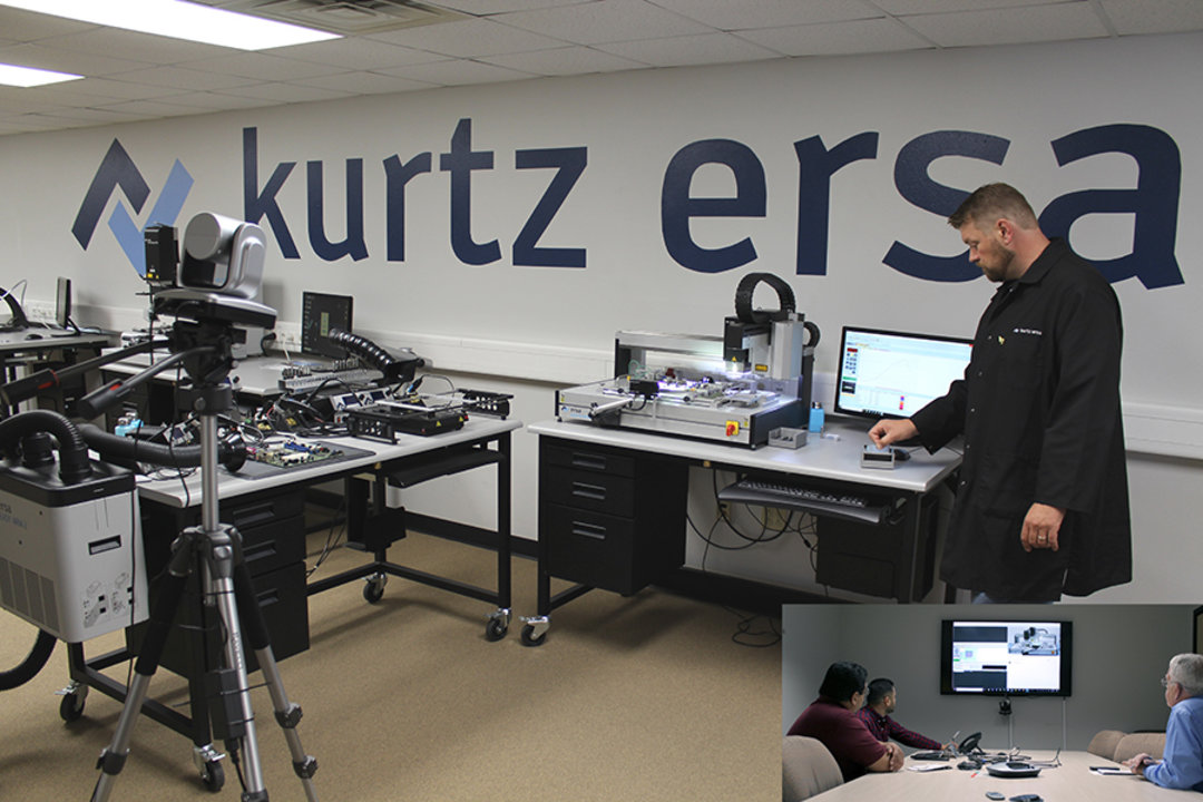Todd DeZwarte, Sales Manager Ersa Rework, during an online rework demo - the customer follows the demonstration on his own PCB conveniently via video conference (small picture) Todd DeZwarte, Sales Manager Ersa Rework, during an online rework demo - the customer follows the demonstration on his own PCB conveniently via video conference (small picture)