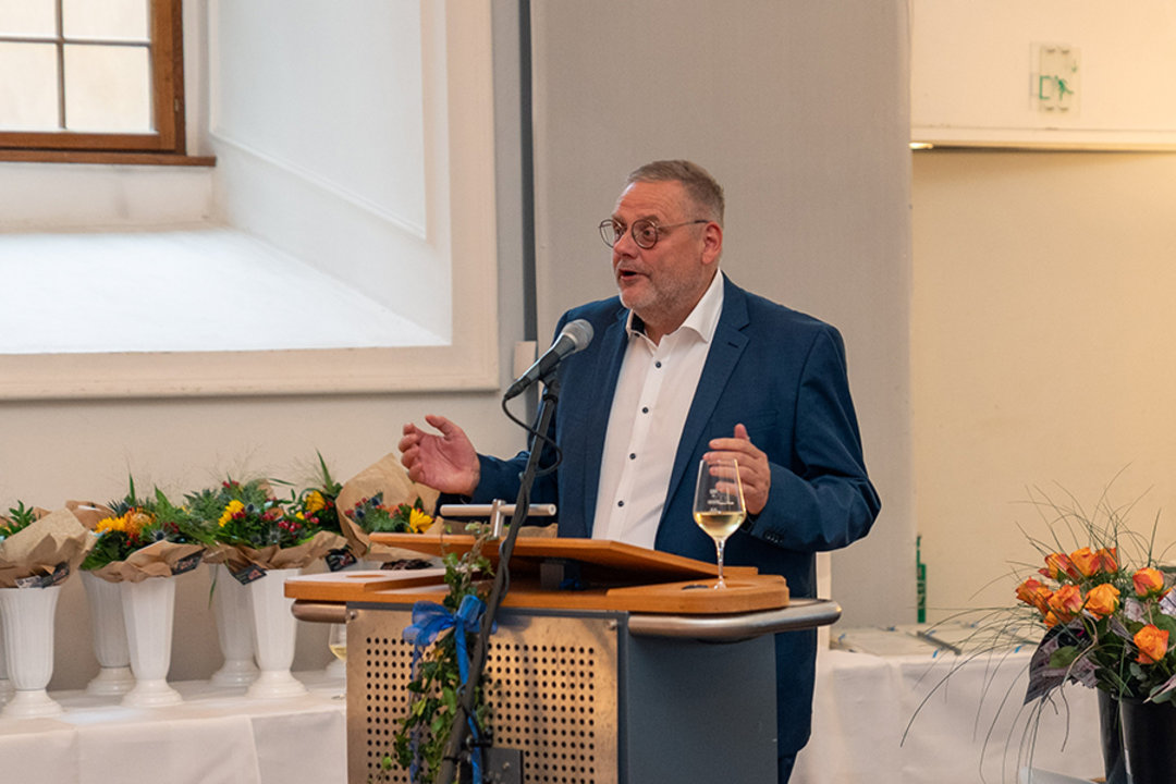 CEO Thomas Mühleck during his speech at the 5th anniversary celebration at Bronnbach Monastery