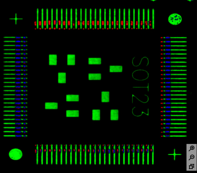 Alignment of a QFP: green = landing surface, red = component connection, blue = overlay Alignment of a QFP: green = landing surface, red = component connection, blue = overlay