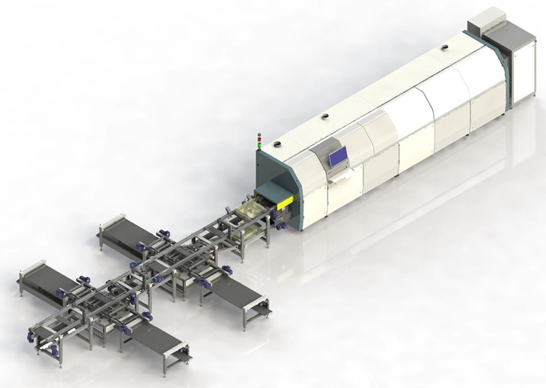 Upstream transport system, rotary modules, quadruple workplace connection, part tracking, lowering station, integrated return transport system with cooling function