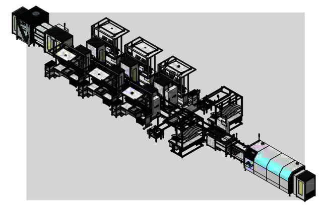 3D layout of the Ziehl-Abegg plant with Ersa POWERFLOW wave soldering system plus connected peripherals with eight placement tables and automated placement control